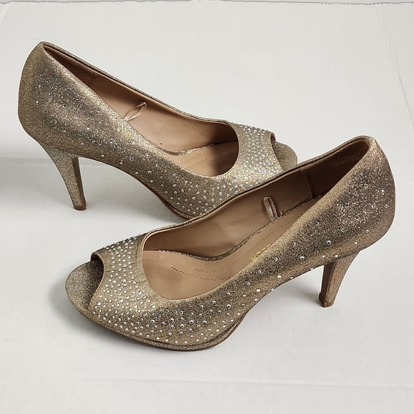 Andrew Giller TAYEN Gold Glitter Open Toe Heel Pumps Size 9M - Picture 3 of 9
